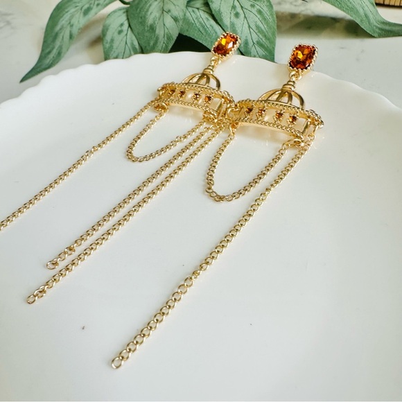 2/$30🌵 Gold Tassel Dangle Earrings Amber Rhinestone European Chic Jewelry NEW - Picture 8 of 12